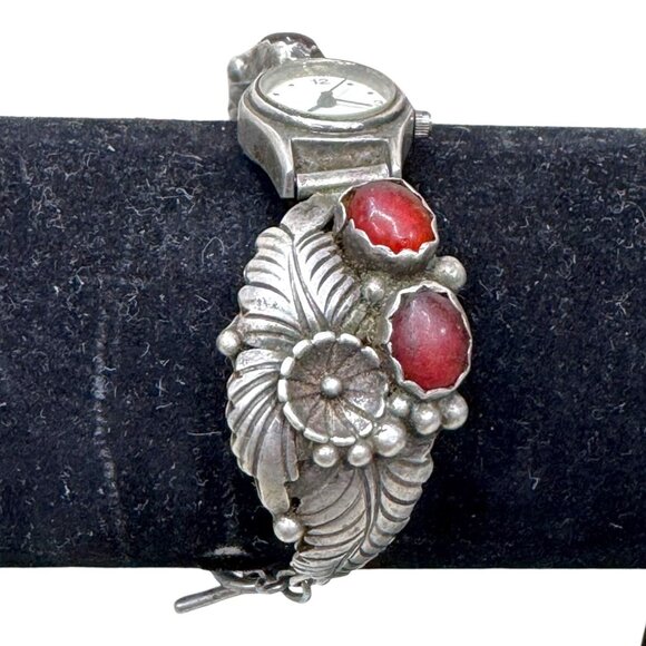 Vtg Navajo LY L Yazzie Sterling Silver Womens Watch Southwest Coral Red Floral 7 - Picture 2 of 8